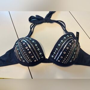 NAT Ninety Six Degrees navy blue sequin bejeweled bikini top size small